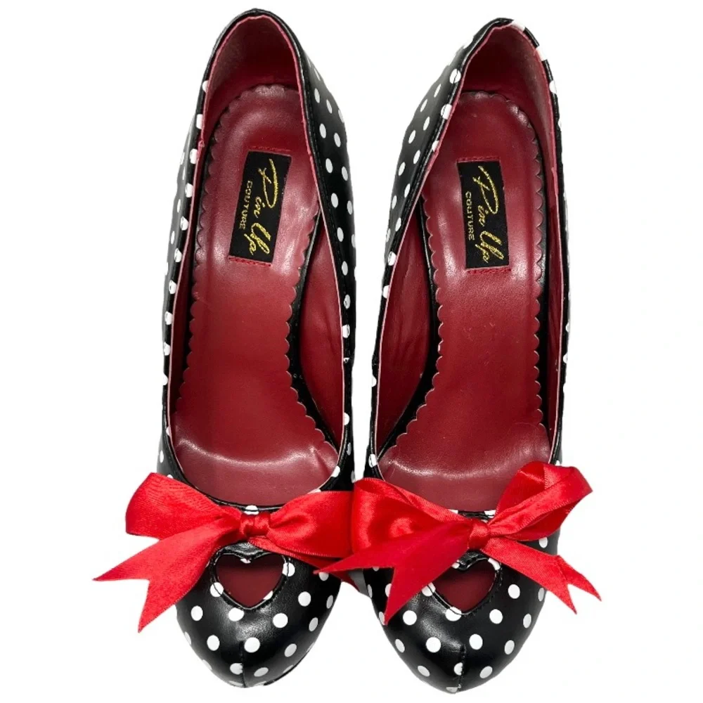 Pinup Couture Cutiepie 06 Heels Size 9 Black Polka Dot Red Bow Heart Cutout Toe - Picture 2 of 11